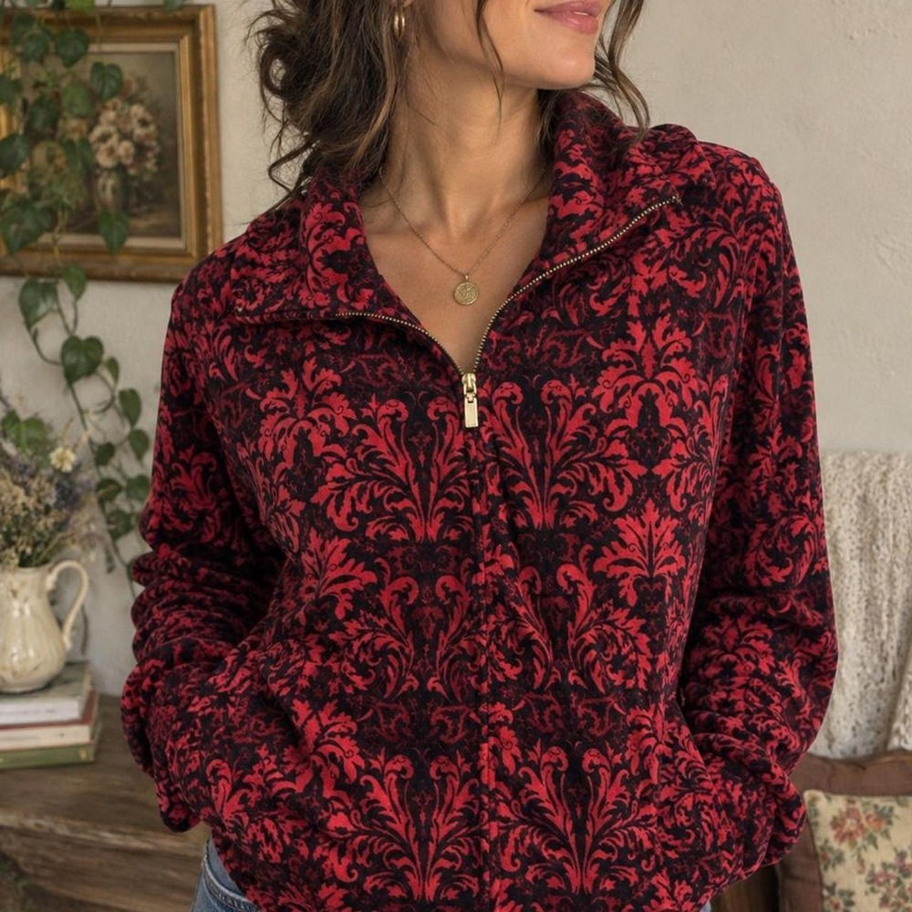 harter Club red/black damask velvet quarter zip up jacket in a S